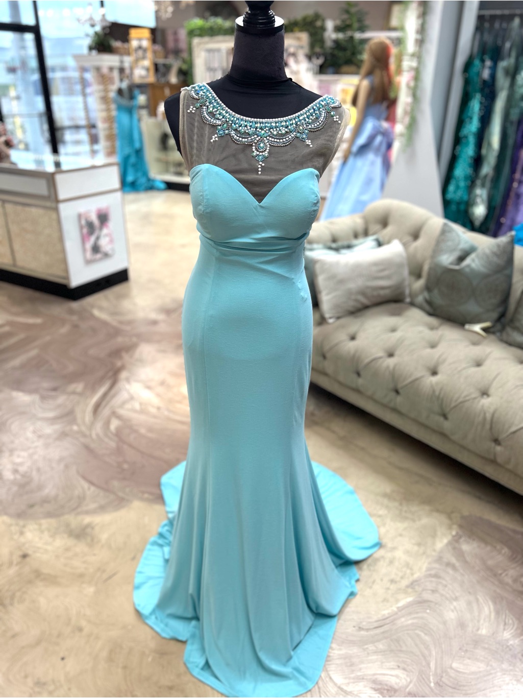 Beaded Illusion Neck Aqua Prom Gown